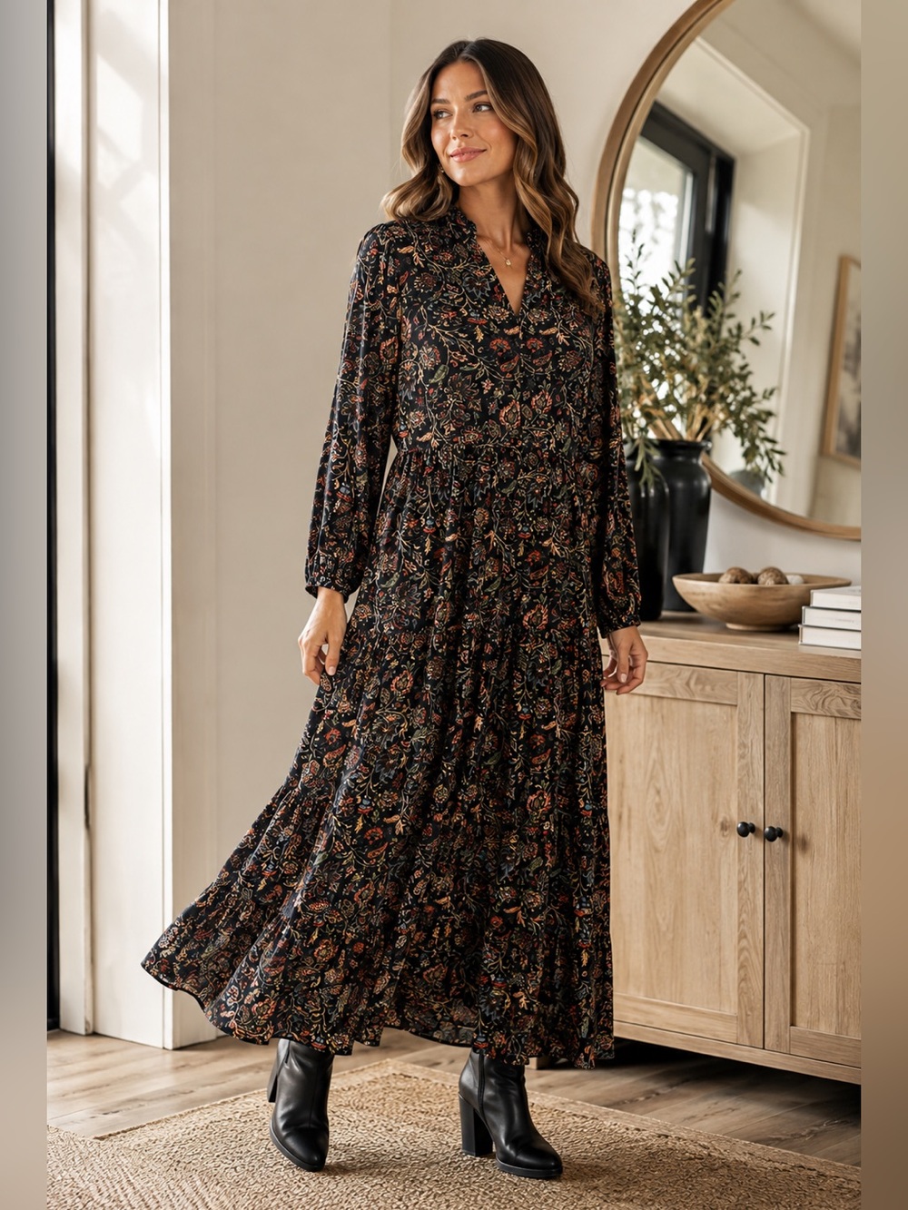 Jessica Howard 14 Floral Cottagecore Maxi Dress Black Boho Long Sleeve Pockets